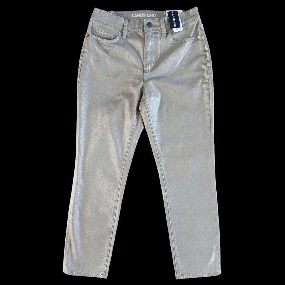 Lands End  6P Gray Metallic Foil High Rise Slim Ankle Jeans NWT Futuristic Cyber
